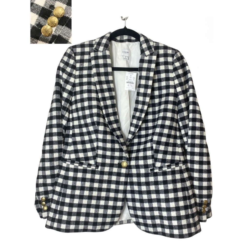 J Crew Blazer Jacket 2 Black White Gingham Wool Blend Gold Button Work Office